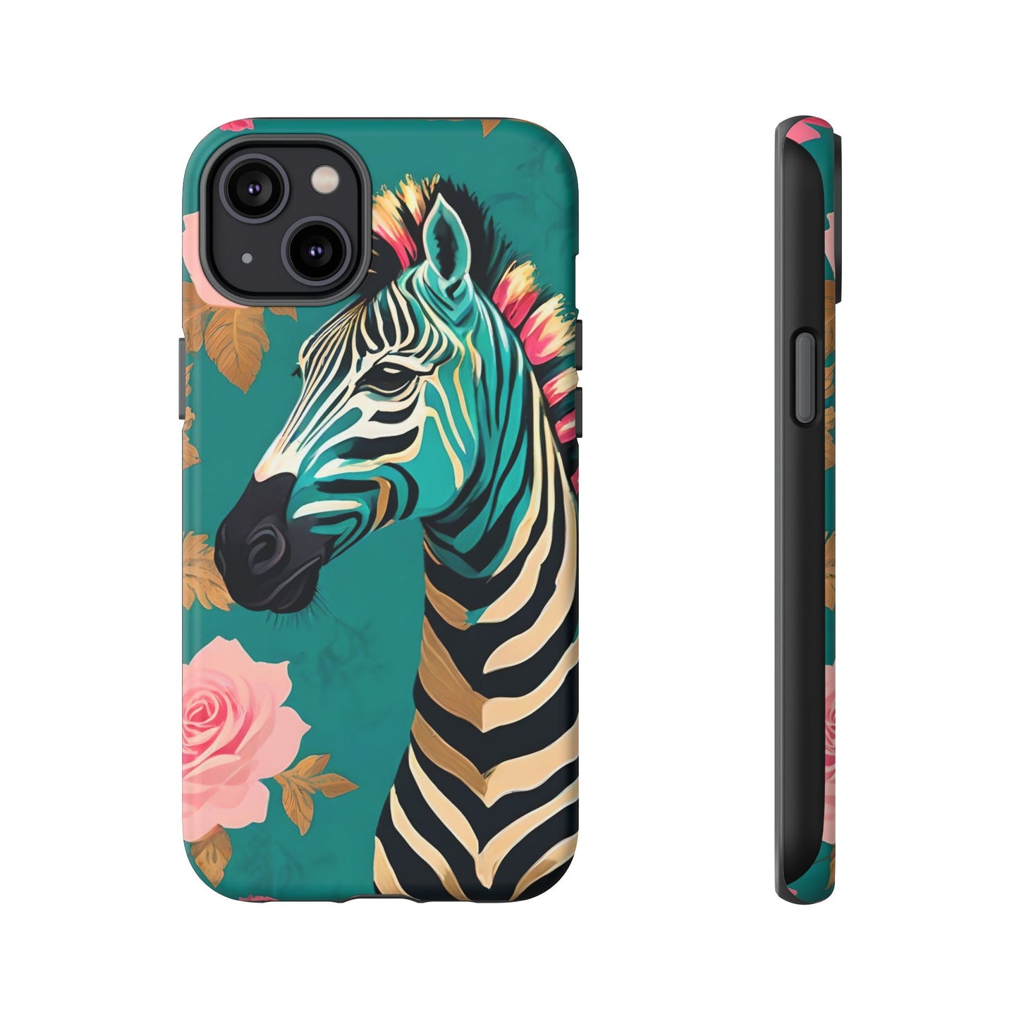 Phone Case - Elegant Teal & Gold Zebra & Roses Design