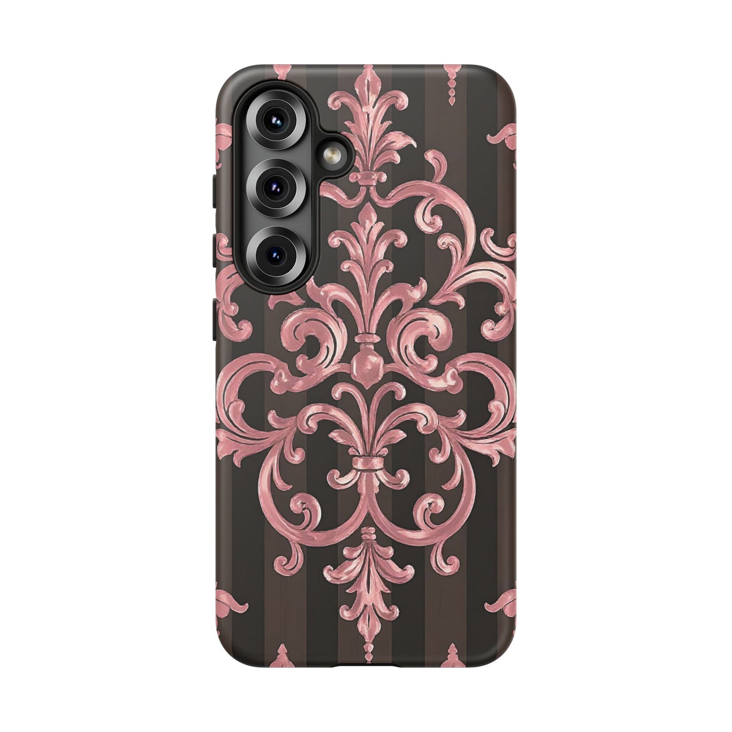 Elegant Floral Motif Phone Case - Tough Cases with Vintage Design - Brown Striped Mauve Damask