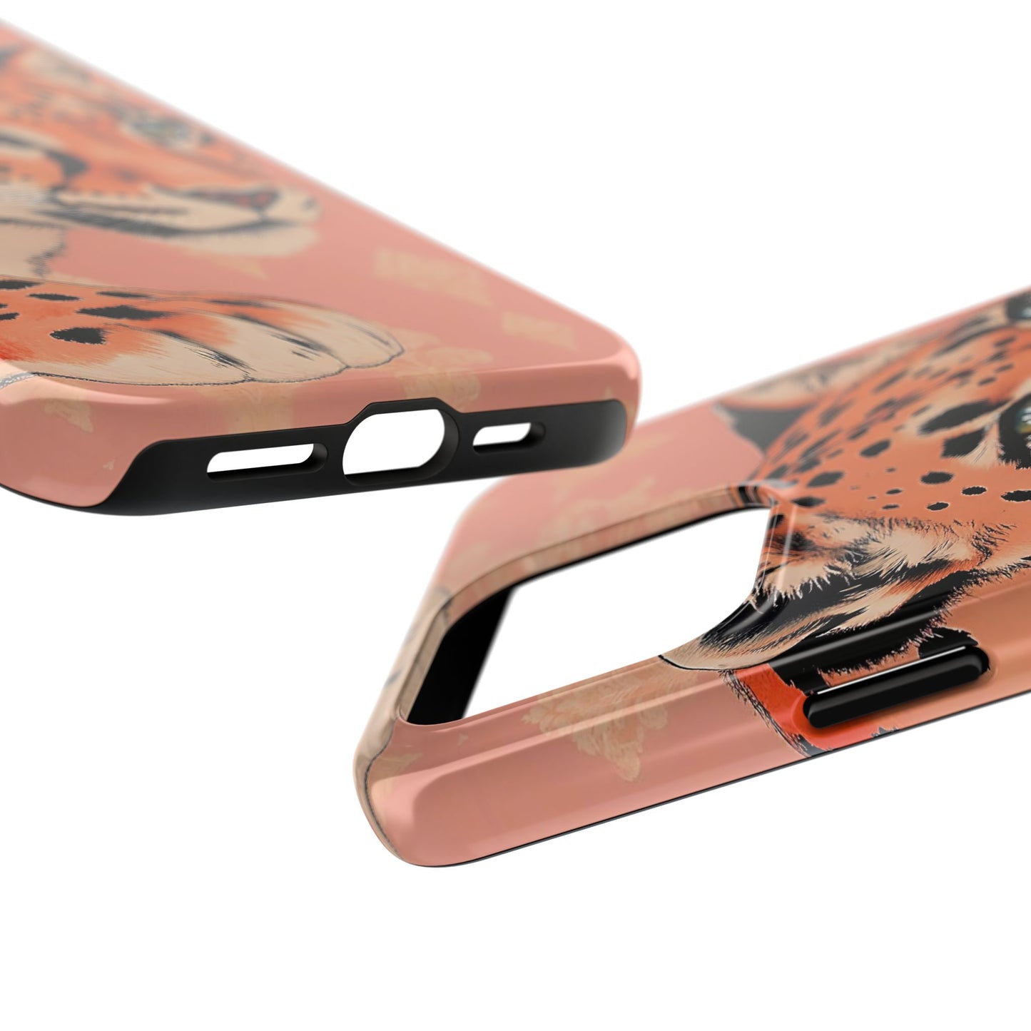 Leopard Tough Phone Case - Trendy Floral Motif Design for Animal Lovers - Peach Leopard & Damask