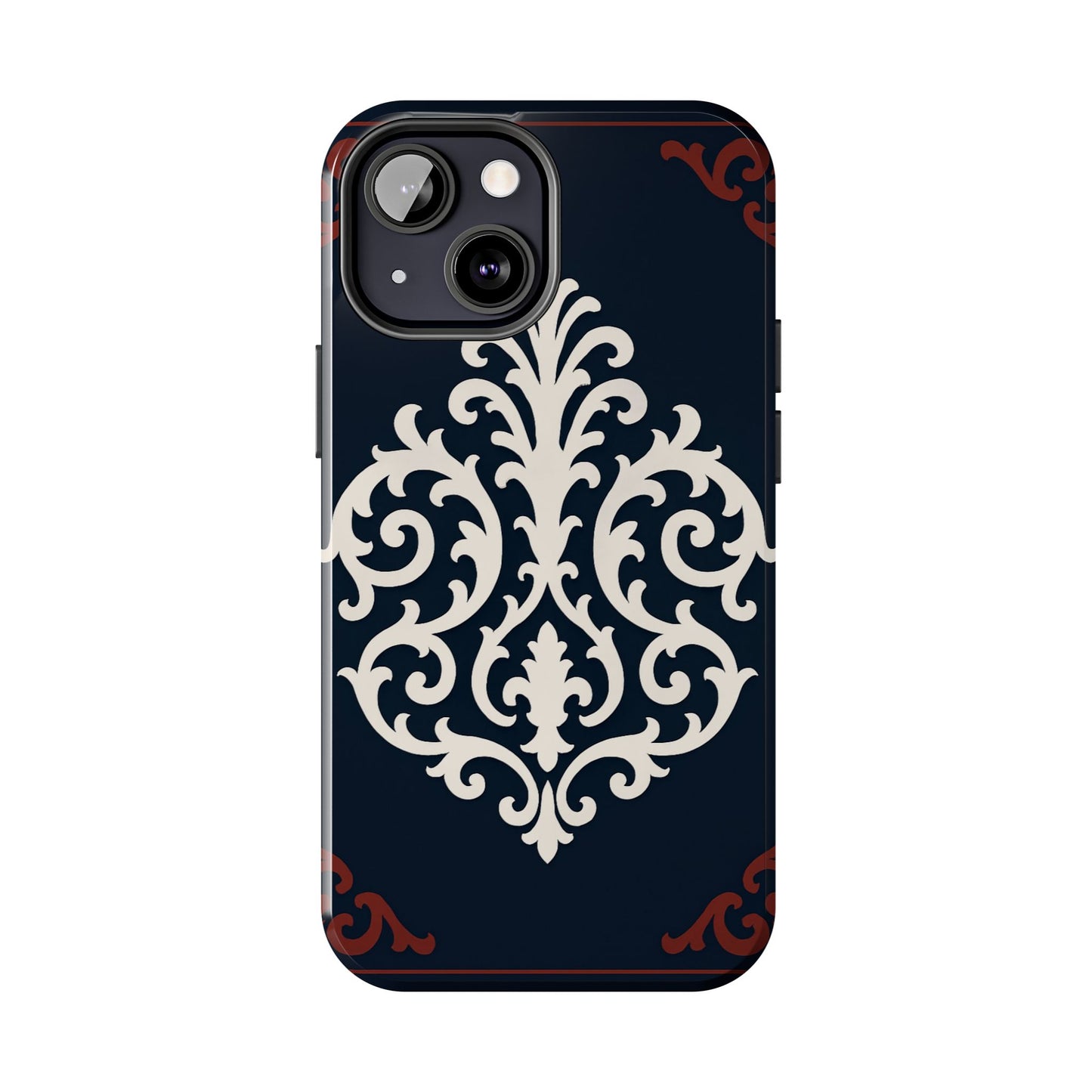 Dusk Blue-Maroon & White Baroque Tough Phone Case — Vintage Scroll Design