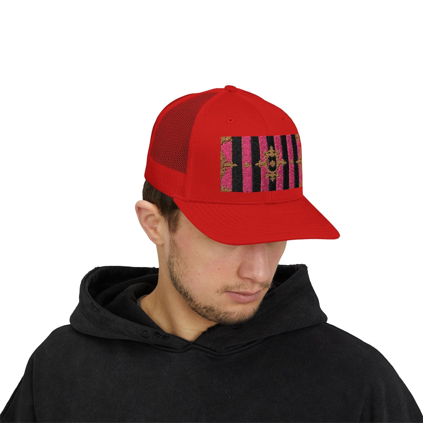 Stylish Snapback Trucker Cap with Black & Mauve Striped Gold Baroque, Trendy Fashion Hat, Perfect Gift for Him/Her