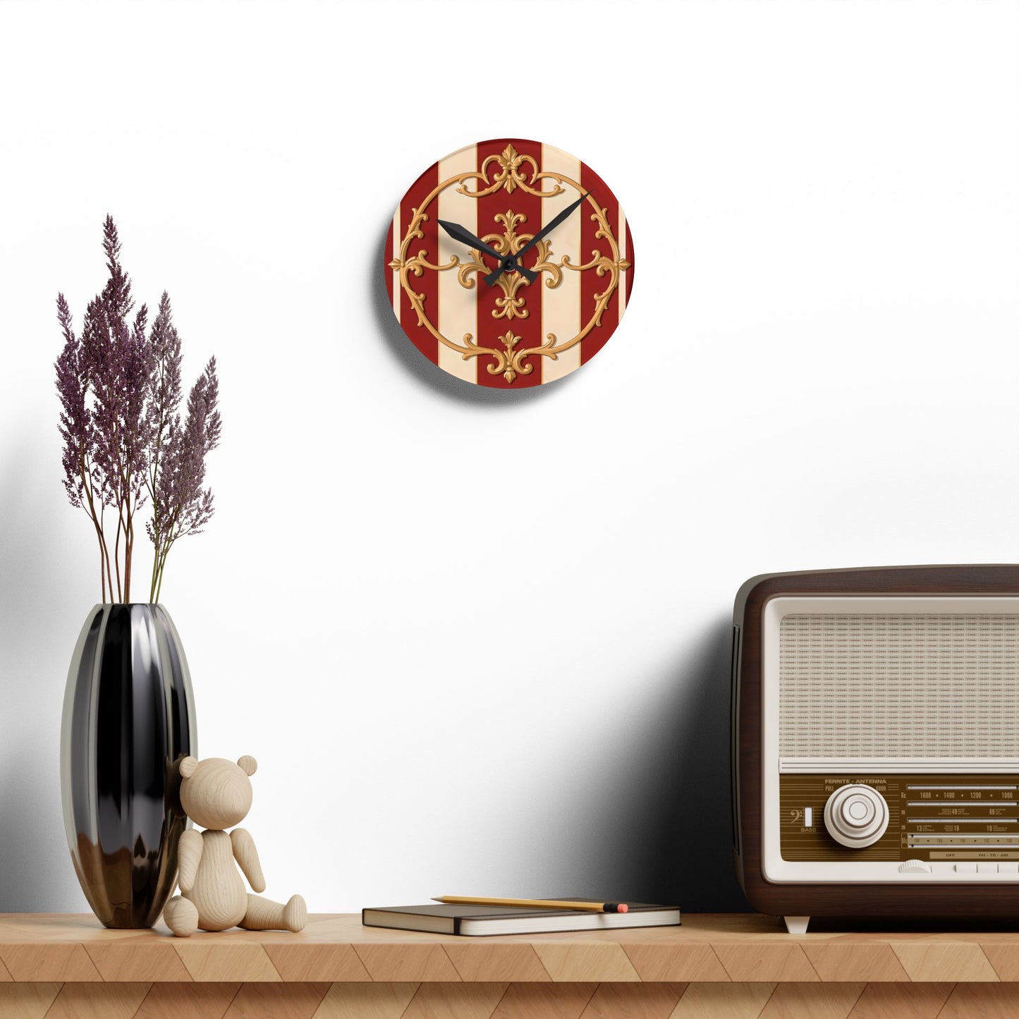 Vintage-Inspired Acrylic Wall Clock with Elegant Design - Alabaster & Dusk Orange Striped Baroque