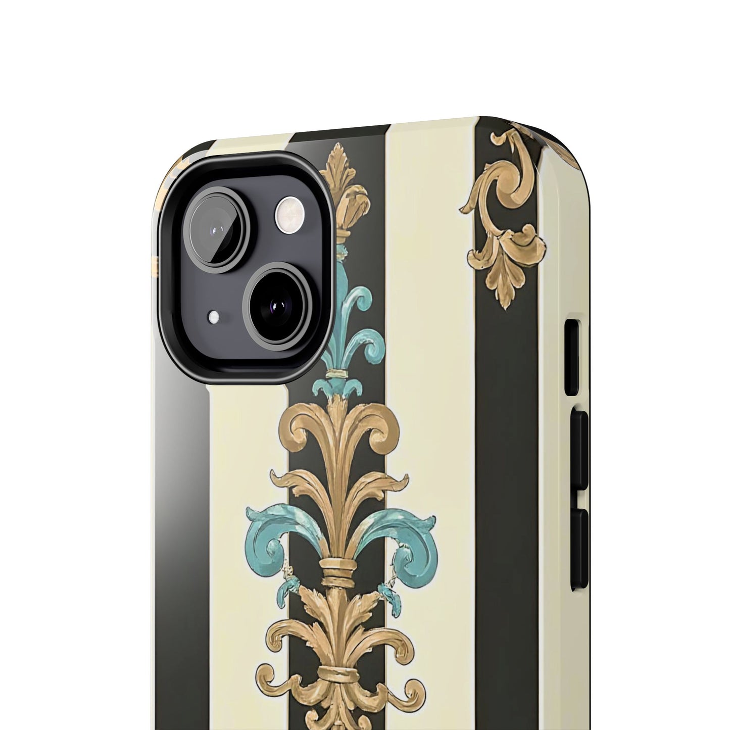 Elegant Vintage Tough Phone Cases, Stylish Phone Accessories, Quality Protection, Gifts for Her - Black Striped Turquoise & Black Rococo