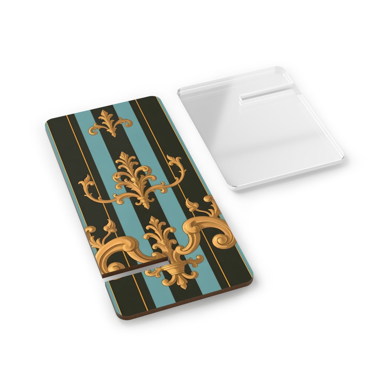 Elegant Smartphone Display Stand, Chic Phone Holder, Stylish Desk Decor, Home Office Accessory - Black & Turquoise Striped Baroque