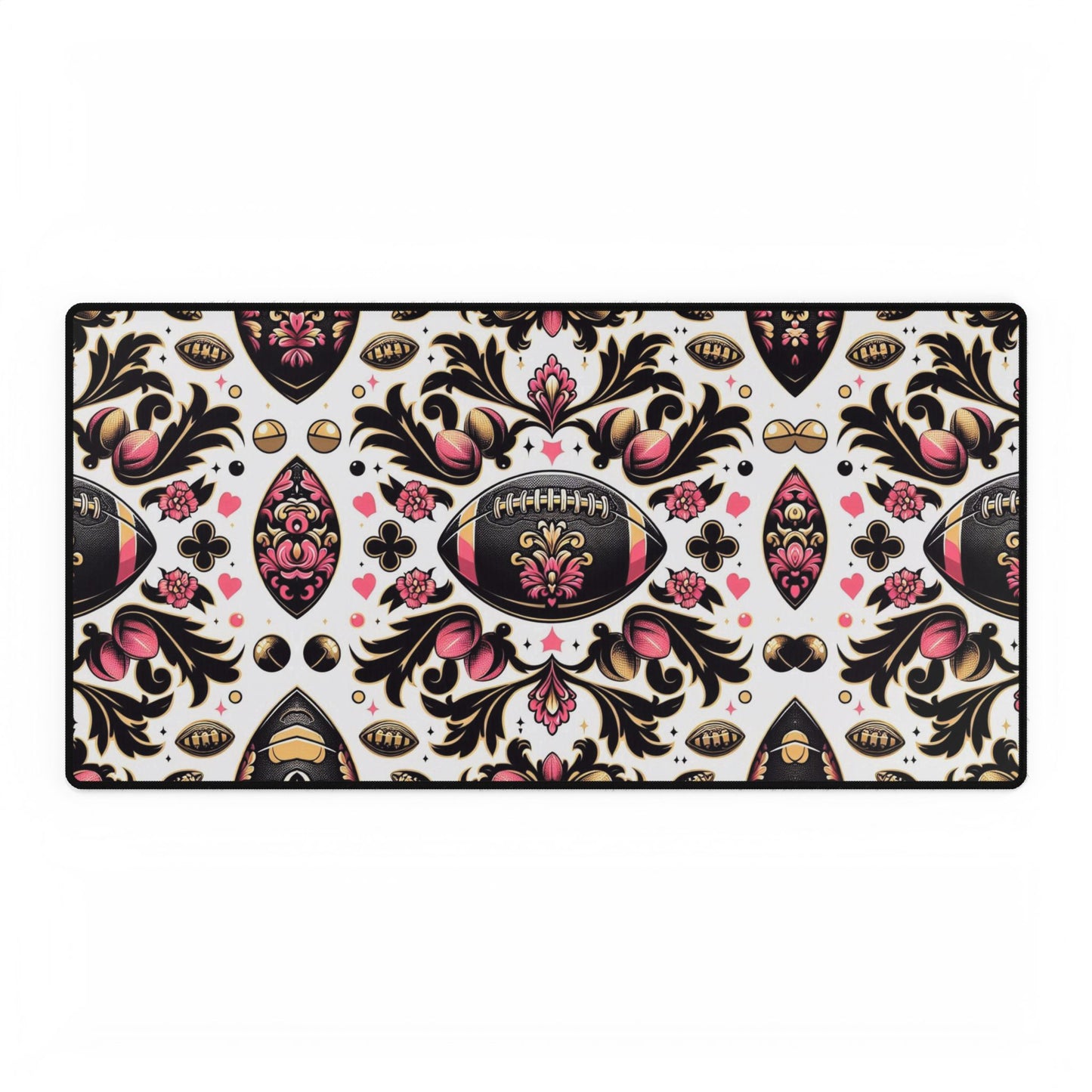 Desk Mat - Elegant Floral Motif for Home Office Decor - Pink, White, Gold & Black Damask Footballs