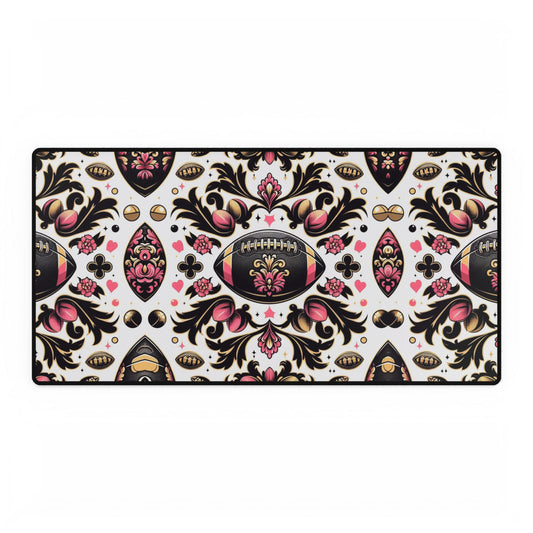 Desk Mat - Elegant Floral Motif for Home Office Decor - Pink, White, Gold & Black Damask Footballs