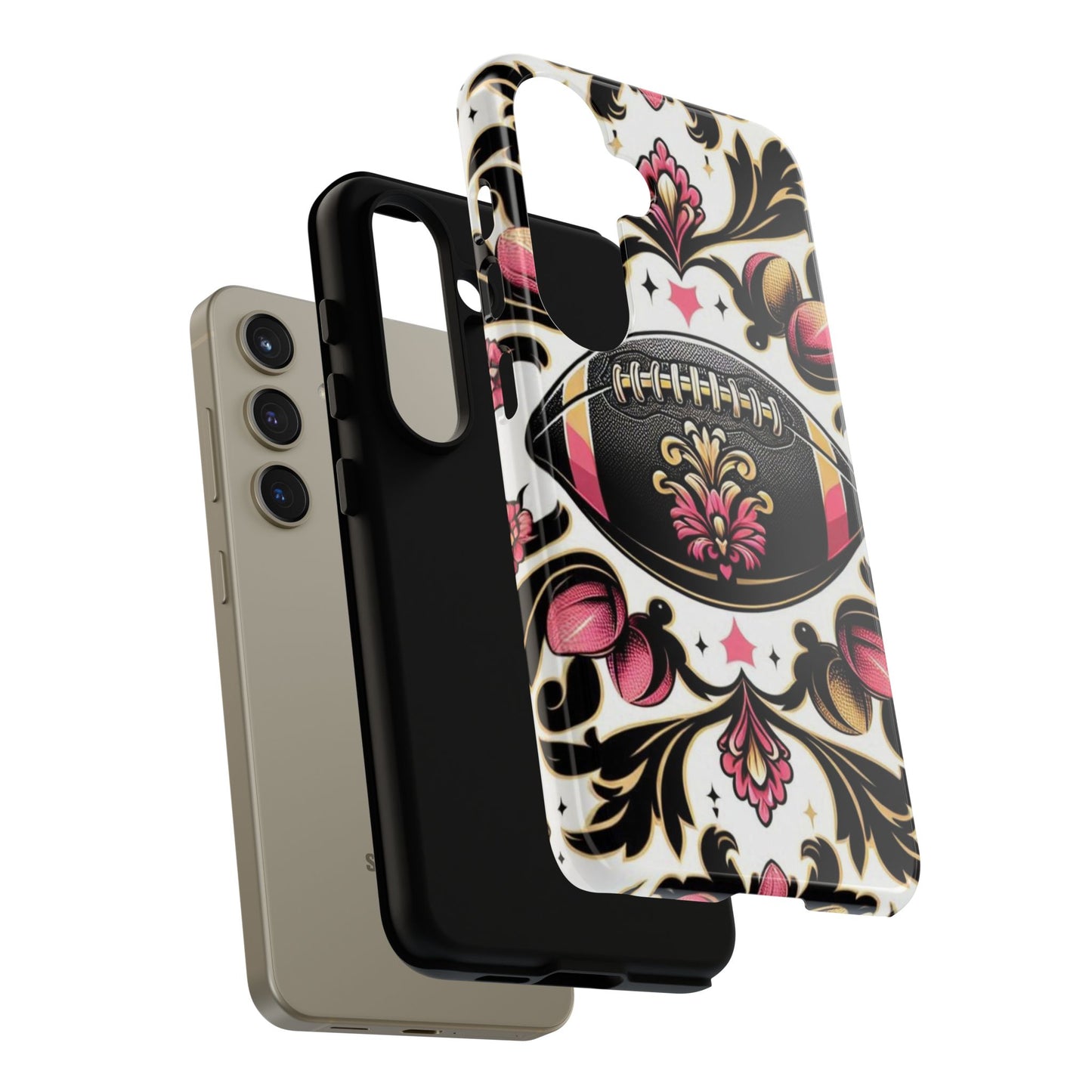 Elegant Floral Motif Phone Case - Tough Cases with Vintage Design - Damask White, Pink Gold & Black Football