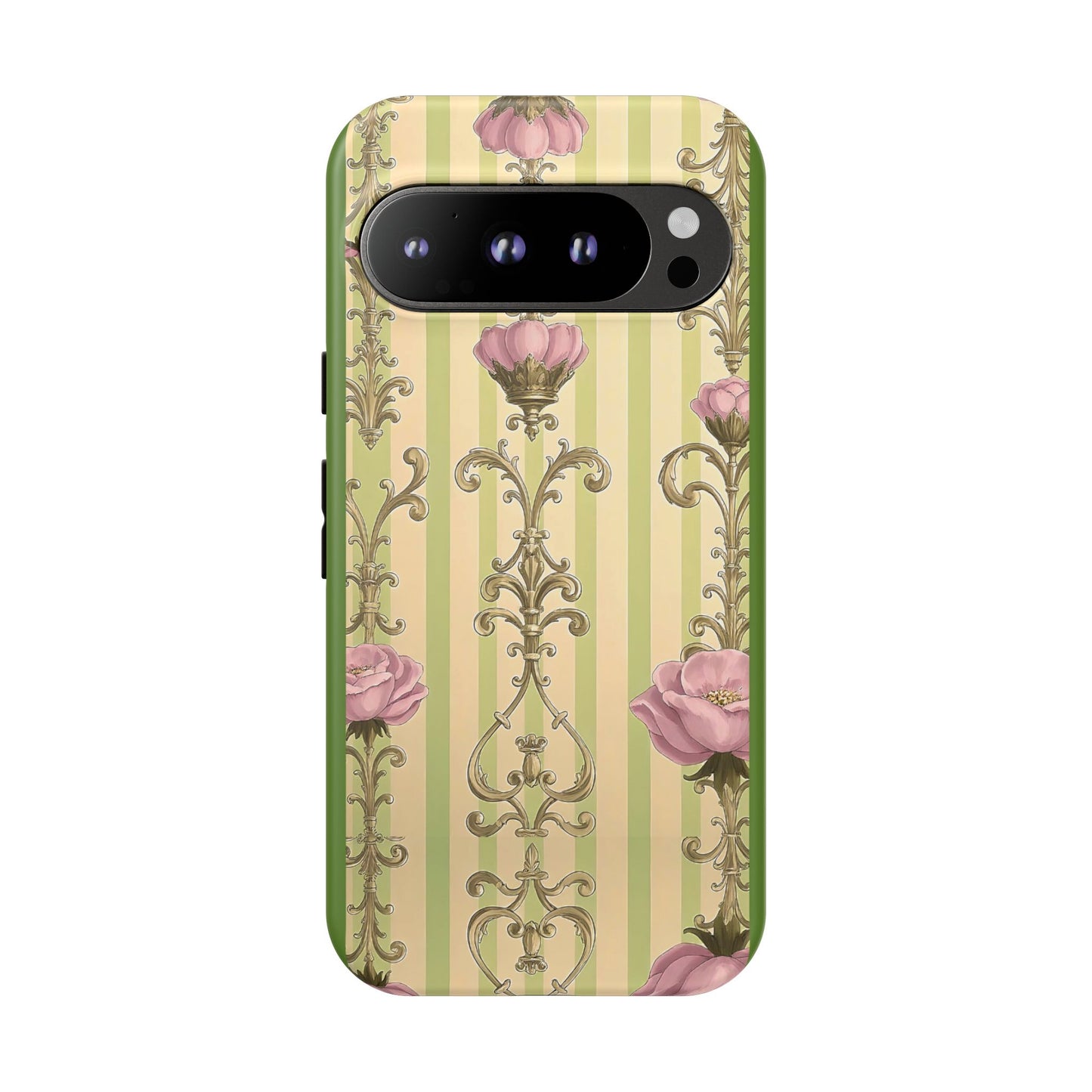 Elegant Floral Motif Phone Case - Tough Cases with Vintage Design - Lime Green & Pink Striped Damask
