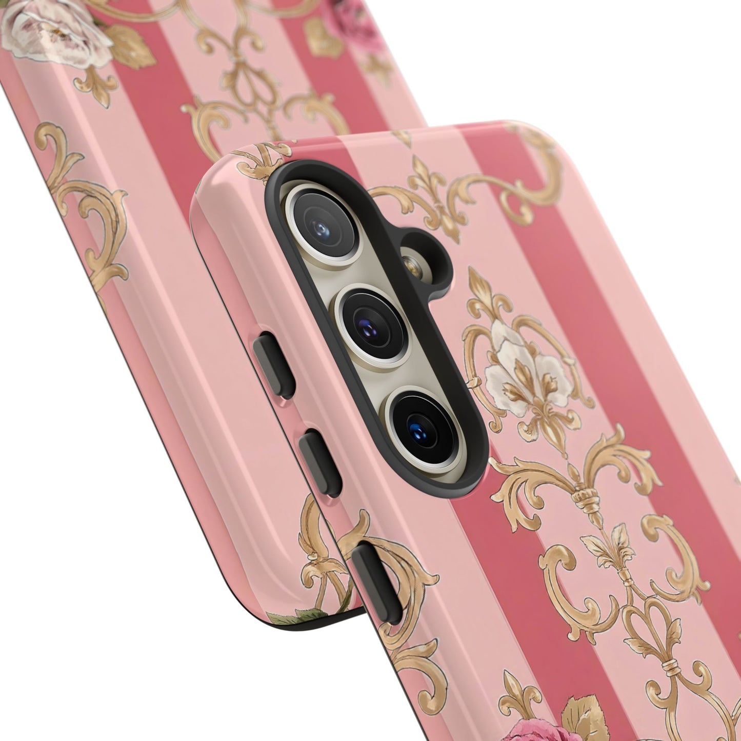 Elegant Floral Motif Phone Case - Tough Cases with Vintage Design - Pink Striped Roses & Damask