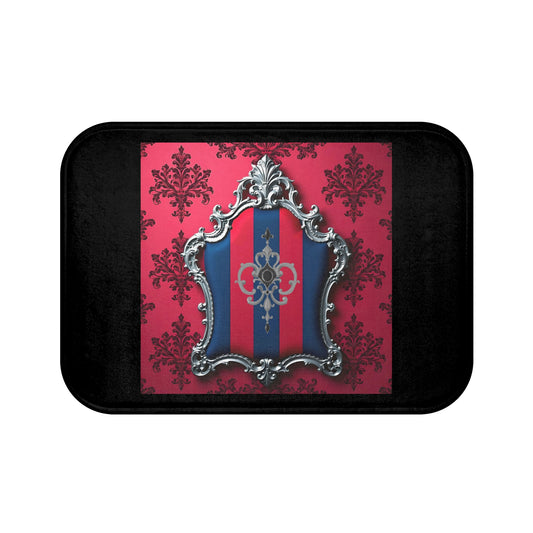 Elegant Vintage Bath Mat with Damask Design, Bathroom Decor, Stylish Shower Rug, Luxe Home Accessories - Blue & Red Striped Silver Crest