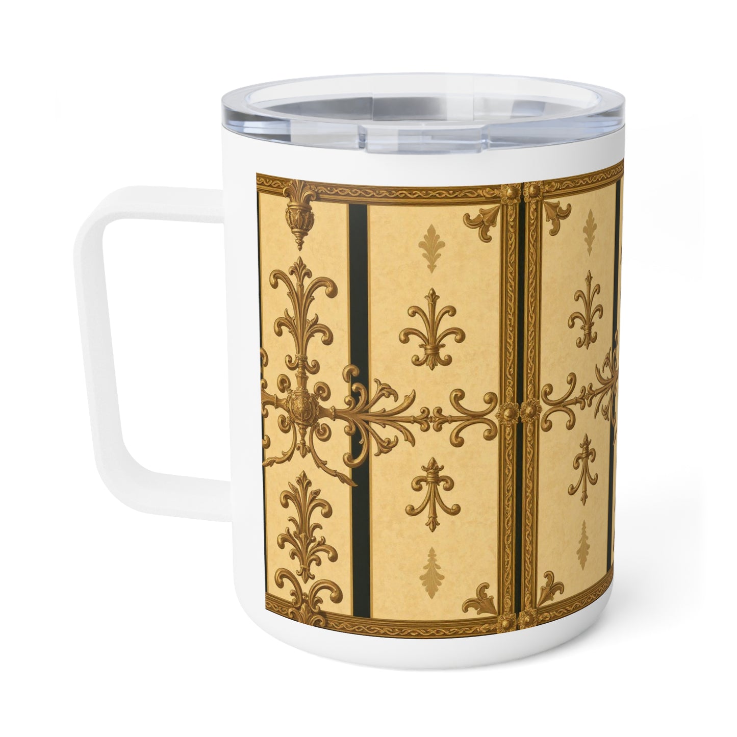 Elegant Insulated Coffee Mug, Vintage Design Travel Cup, Perfect Gift for Coffee Lovers, Stylish Kitchen Accessory - Matte Yellow Striped Antique Rococo