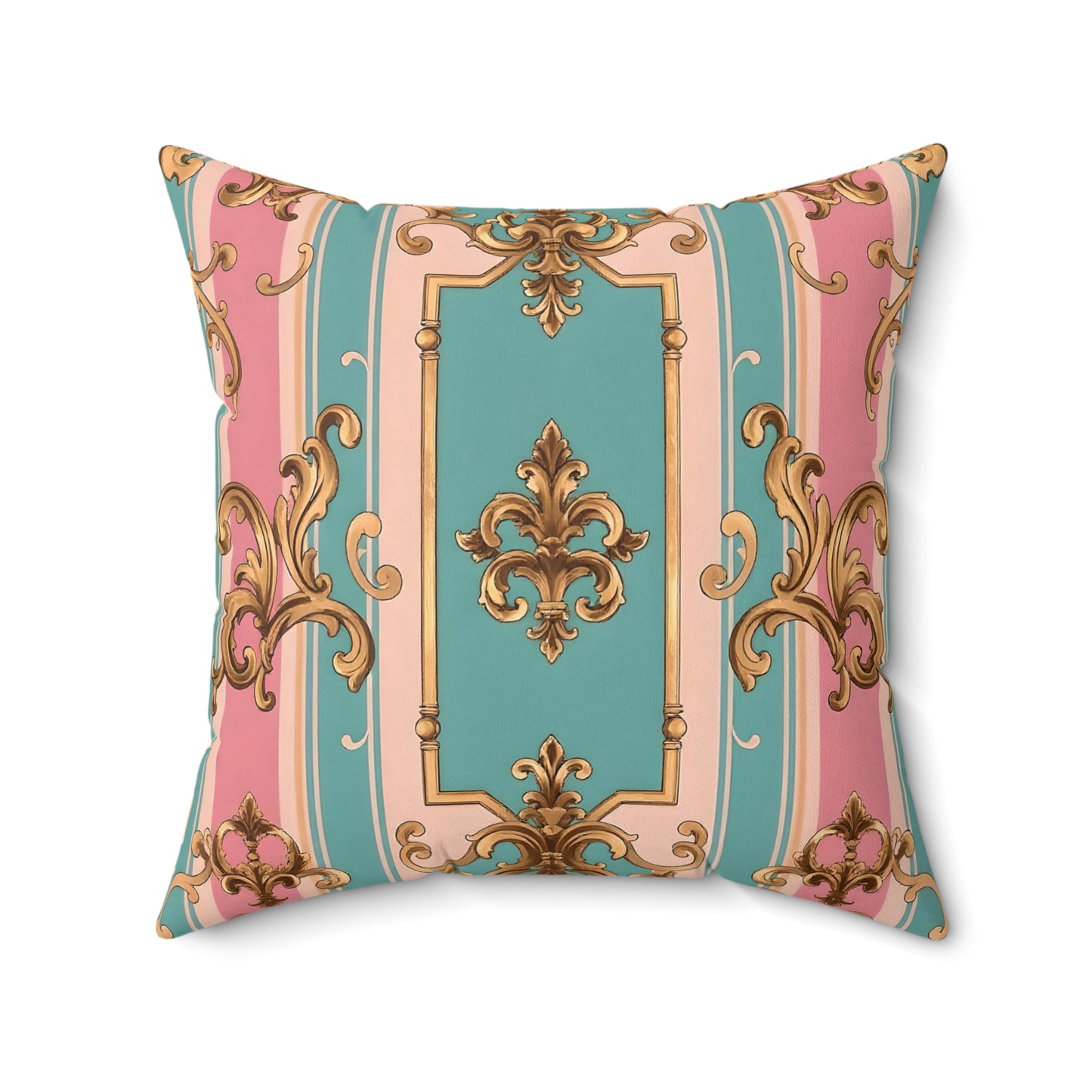 Elegant Faux Suede Square Pillow in Pastel Colors, Decorative Throw Pillow - Pink & Matte Turquoise Striped Rococo