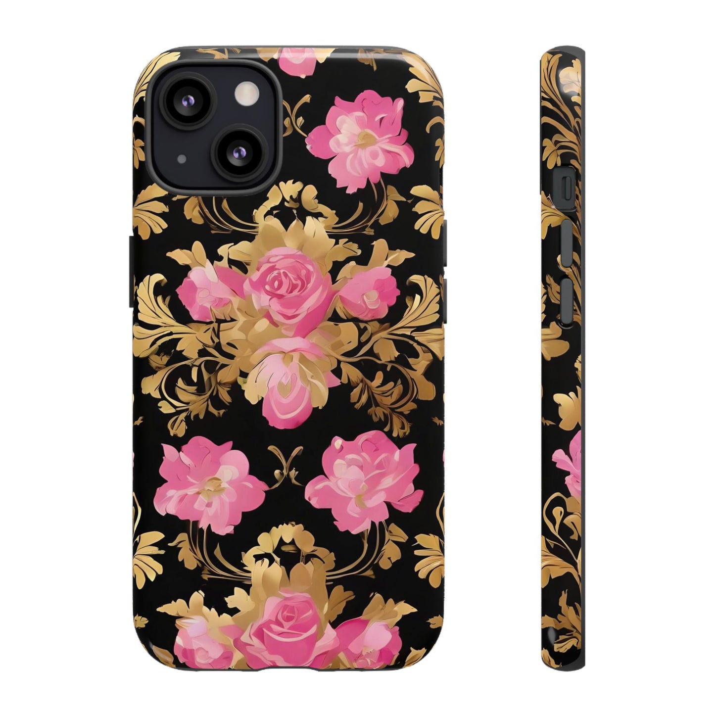 Elegant Floral Motif Phone Case - Tough Cases with Vintage Design - Pink & Gold Roses
