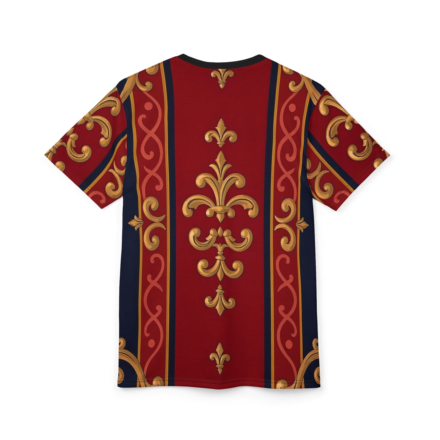 Luxurious Baroque Unisex Tee | Statement Shirt, Casual Wear, Gift Ideas, Fashion Top, All-Occasion Tee - Midnight Blue & Dusk Red Gold Baroque