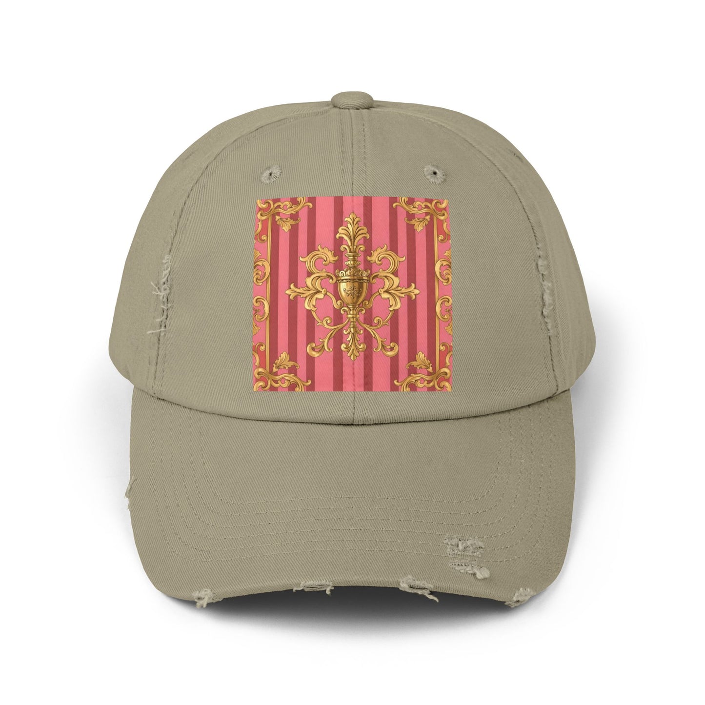 Chic Distressed Unisex Cap - Trendy Accessories for Style Lovers, Everyday Wear, Fashion Statement, Birthday Gift - Pink Striped Gold Baroque