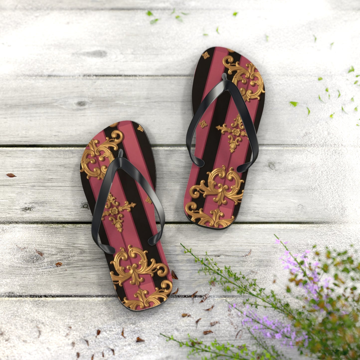 Elegant Black & Mauve Striped Gold Baroque Flip Flops, Chic Footwear for Summer, Pool Parties, Beach Days, Vacation Essentials