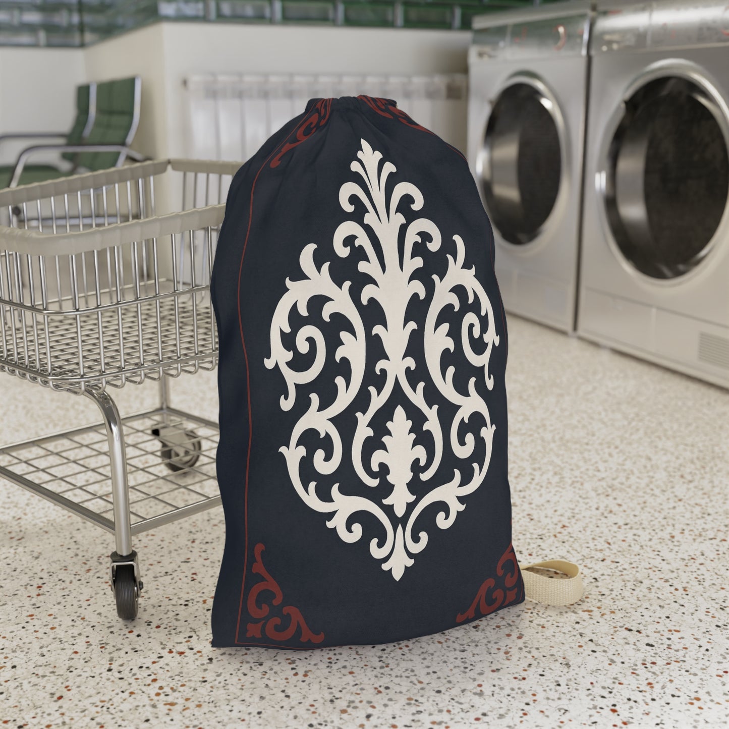 Dusk Blue-Maroon & White Baroque Laundry Bag — Dusk Blue & White Travel Wash Bag
