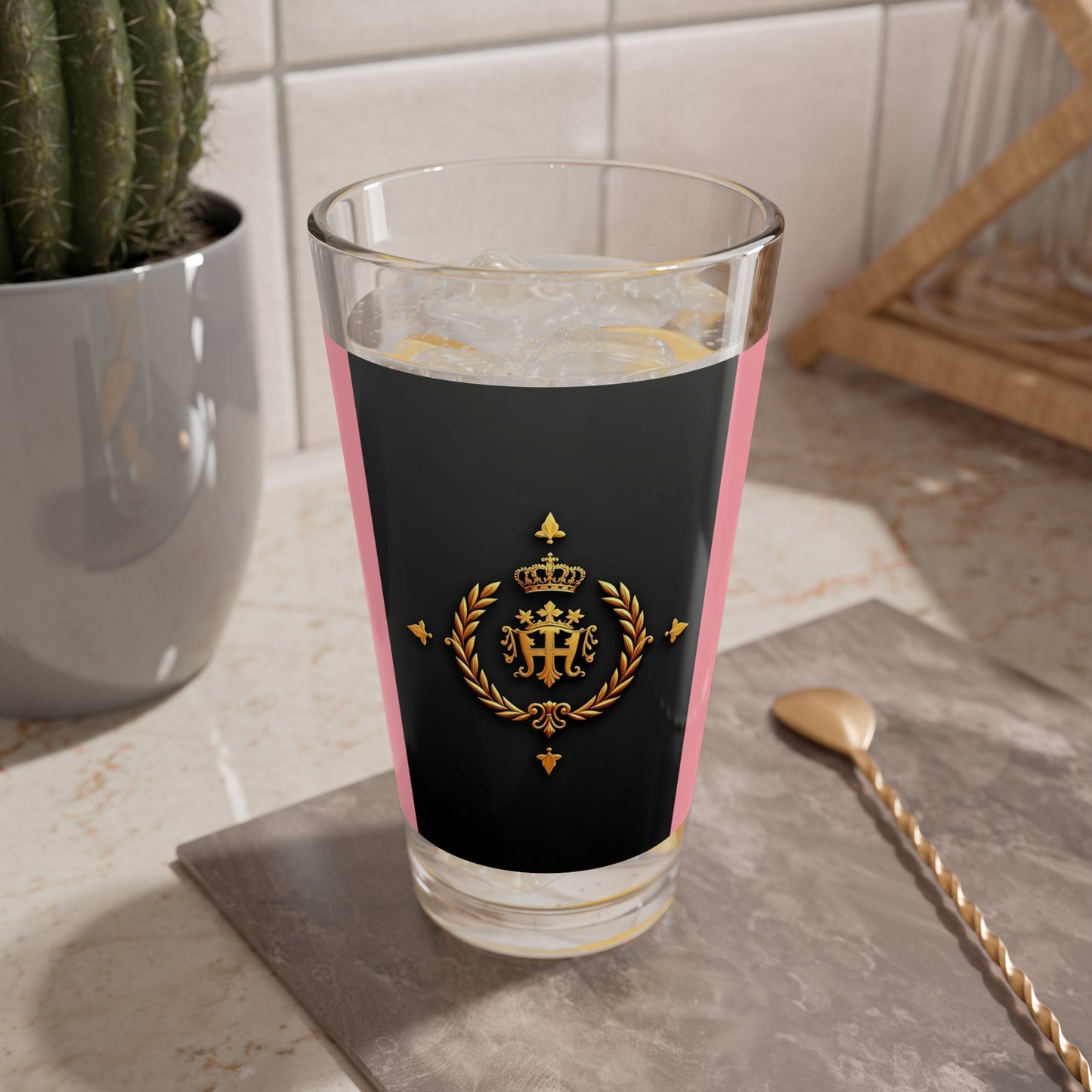 Stylish Mixing Glass, 16oz Cocktail Glass, Barware Gift, Home Bar Decor, Elegant Drinkware for Parties, Unique Mixology Tool - Pink Striped Gold Crest