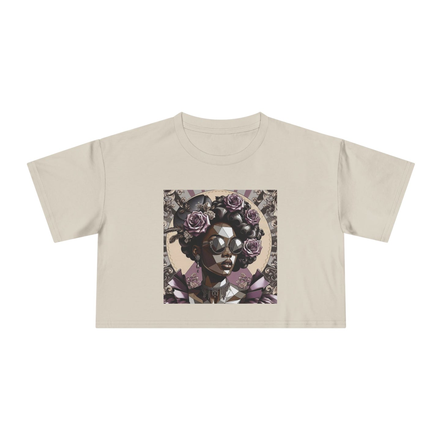 Poly Art Chic Women's Crop Tee - Floral Art Inspired Shirt, Casual Summer Wear, Festival Top, Vintage Style - Lilac Baroque Lady