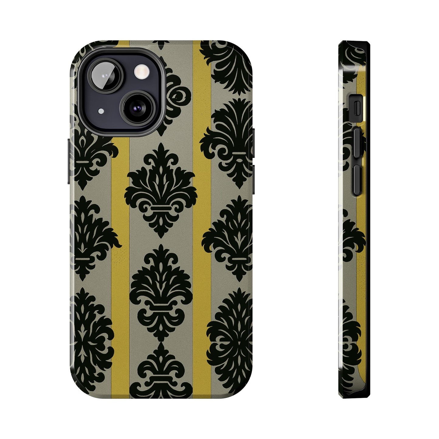 Elegant Baroque Tough Phone Cases | Chic Phone Protection | Gift for Her | Stylish Accessory | Holiday Gift Idea | Silver & Gold Striped Black Baroque