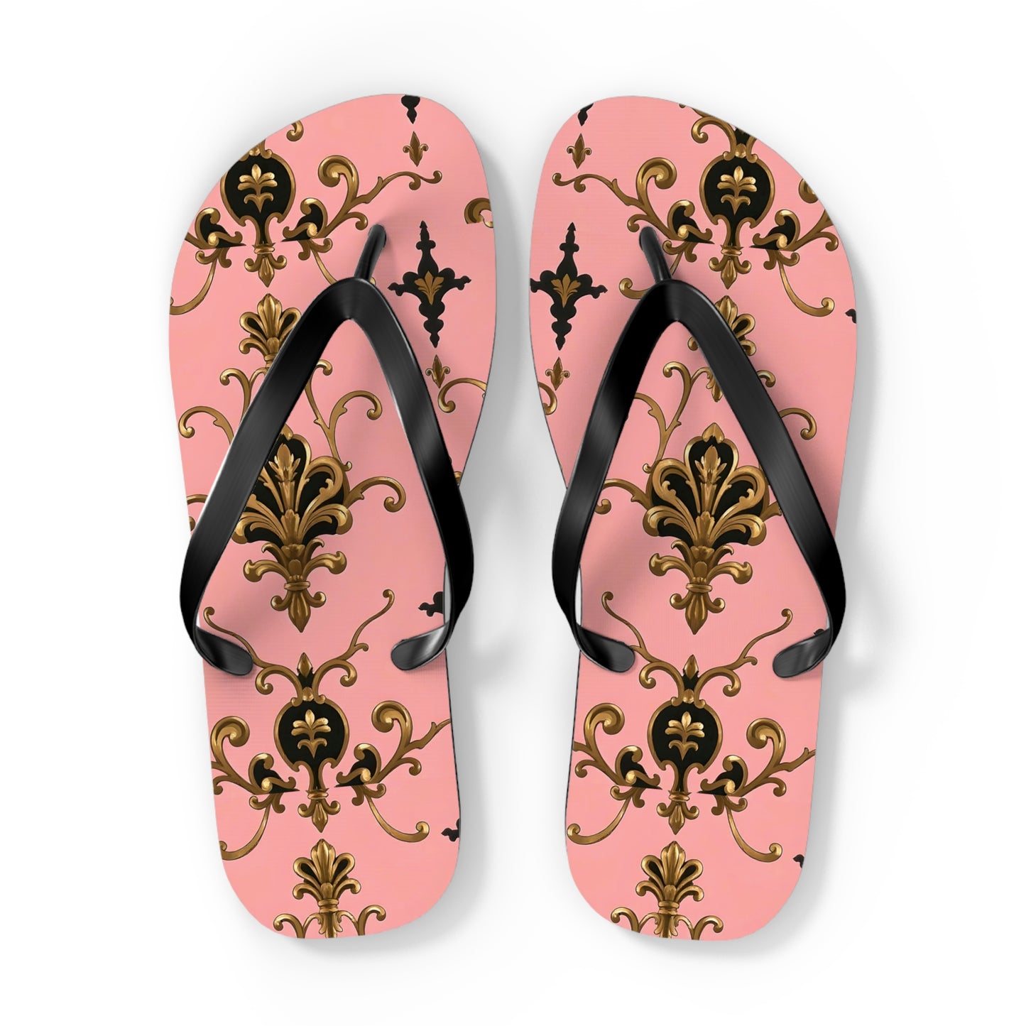 Stylish Flip Flops with Elegant Pink Design, Summer Footwear, Beach Sandals, Vacation Essentials - Pink, Black & Gold Rococo