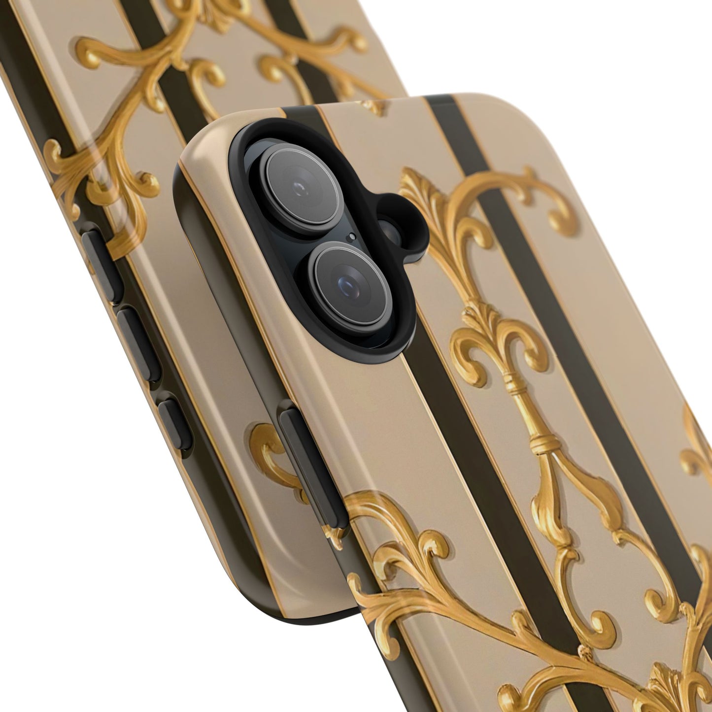 Elegant Vintage Tough Phone Case, Stylish Phone Cover, Boho Accessories, Perfect Gift for Her - Beige Striped Gold Rococo