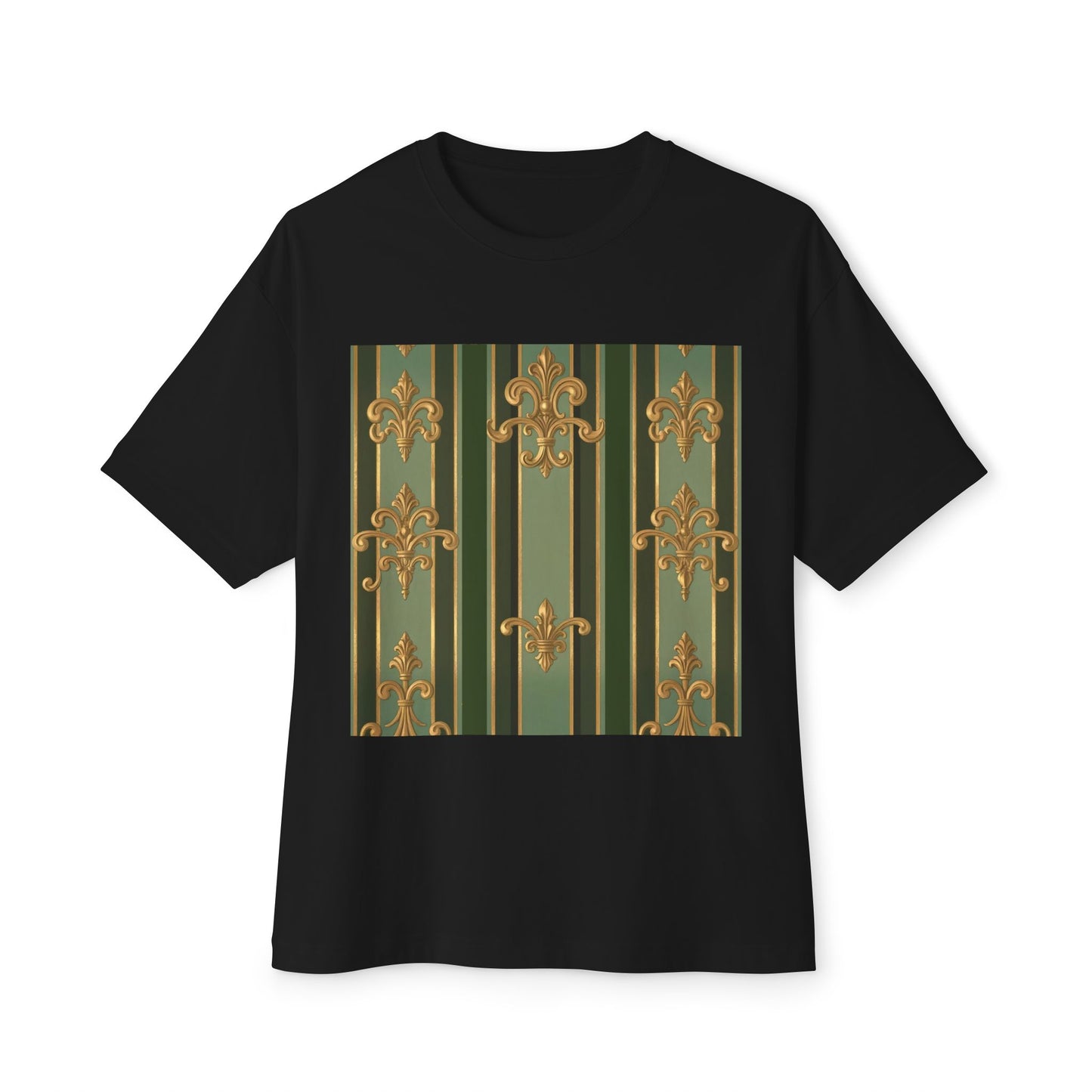 Elegant Vintage-Inspired Boxy Tee, Relaxed Fit Graphic T-Shirt, Floral Design Top, Perfect for Casual Outings - Green Striped Gold Baroque