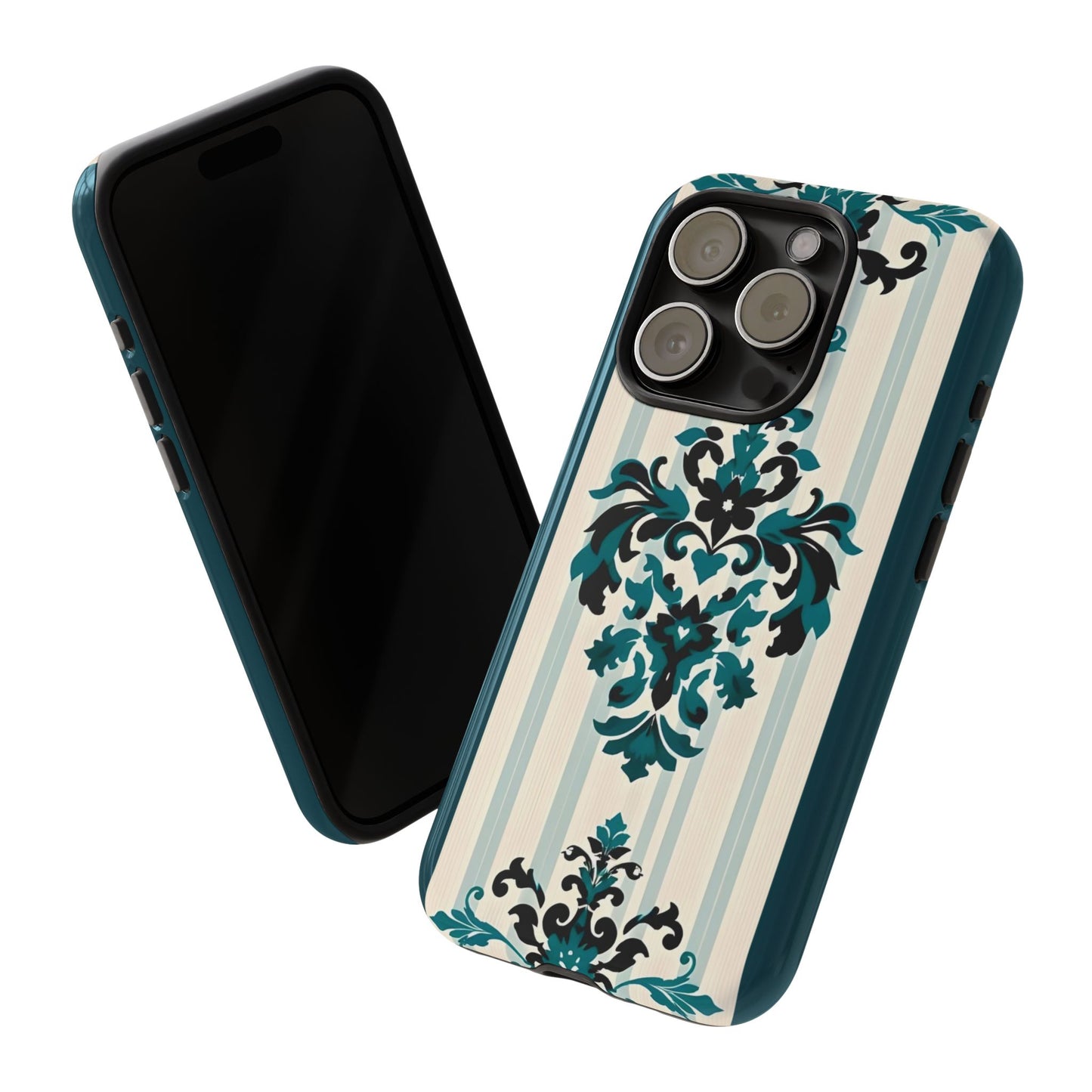 Elegant Floral Phone Case - Tough Cases with Vintage Design - Teal Striped Damask