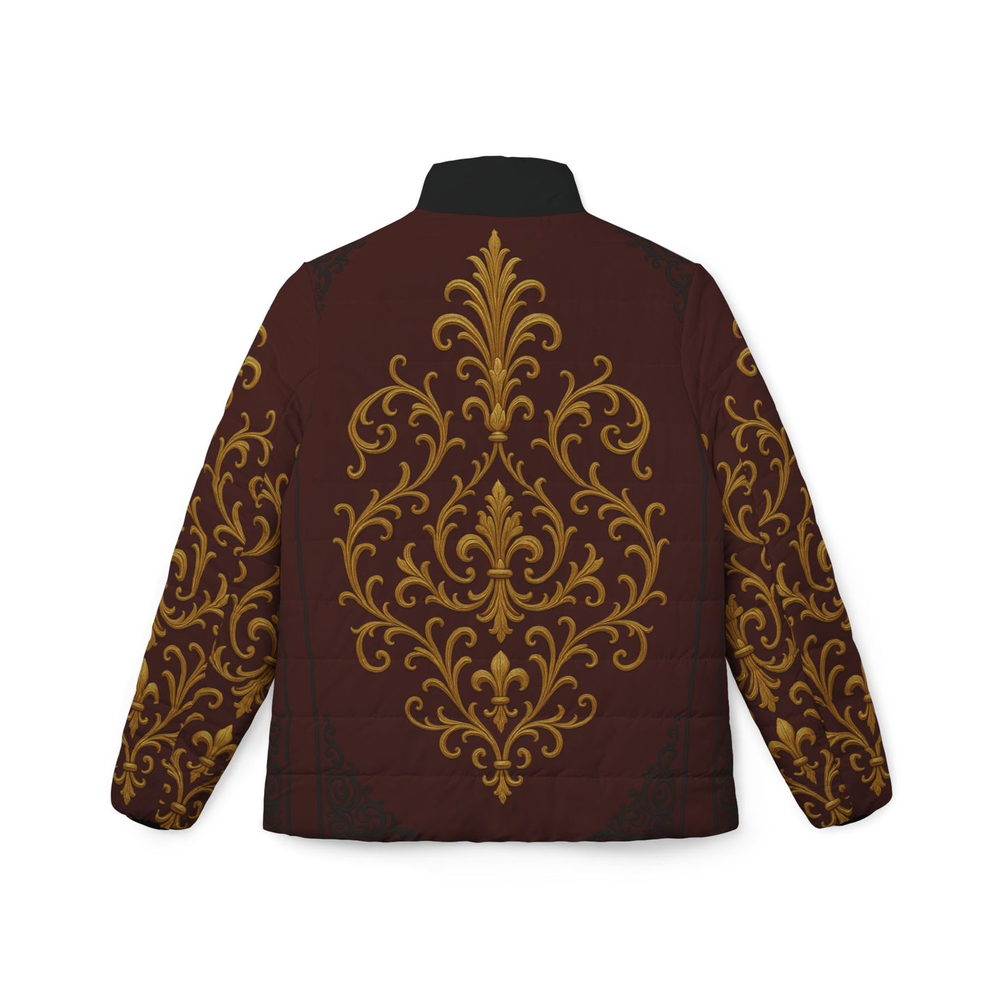 Dusk Burgundy-Black & Gold Baroque Women's Puffer Jacket – Elegant Gold Baroque Print