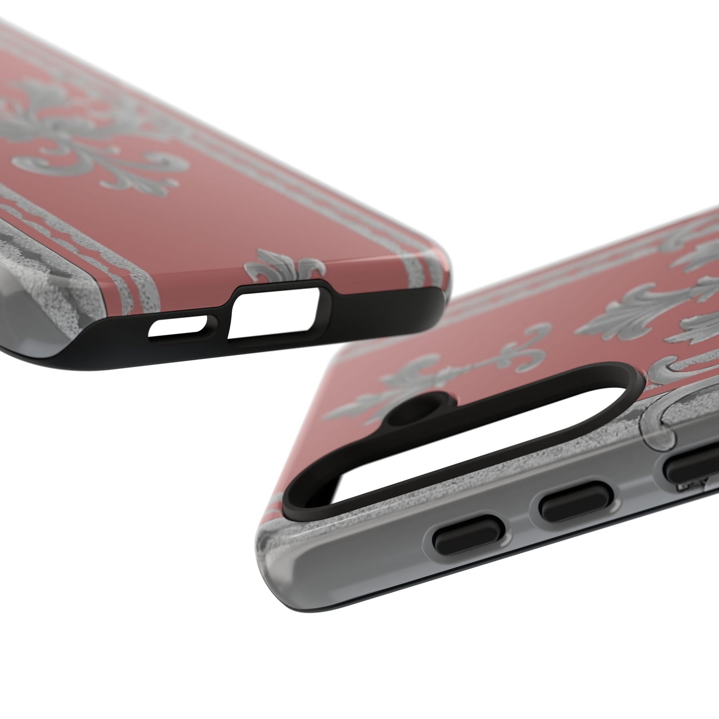 Elegant Floral Phone Case - Tough Cases for Stylish Protection - Gray & Mauve Striped Baroque