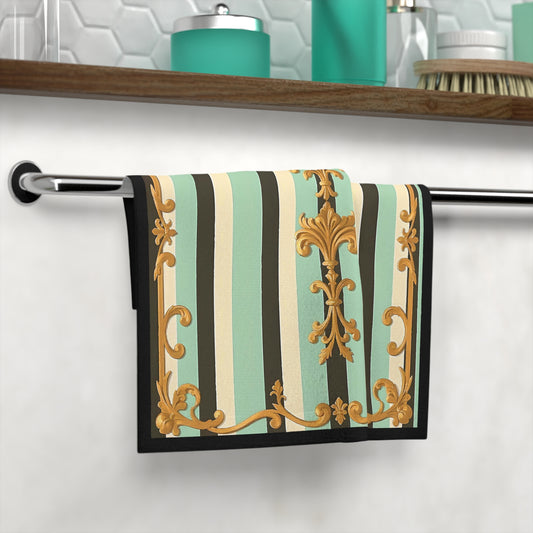 Elegant Decorative Face Towel - Luxurious Bathroom Accessory for Spa, Gift for Her - Black & Matte Mint Striped Rococo