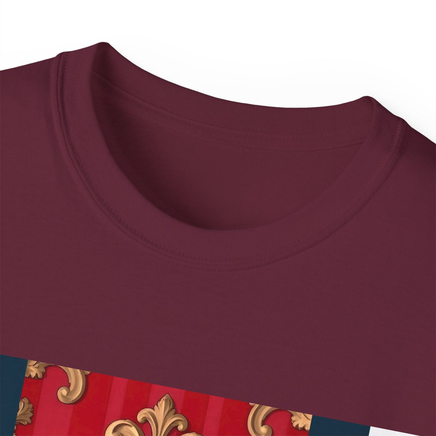 Regal Red Baroque T-Shirt, Artistic Tee, Gift for Art Lovers, Fashionable Statement Shirt, Unique Graphic Top - Blue, Red & White Striped Baroque