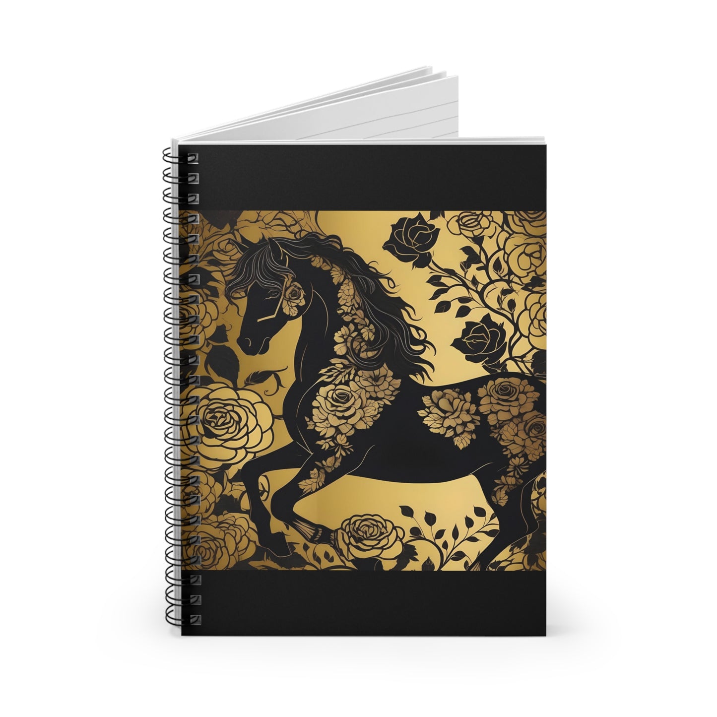 Elegant Vintage Spiral Notebook - Ruled Line with Black Horse & Roses