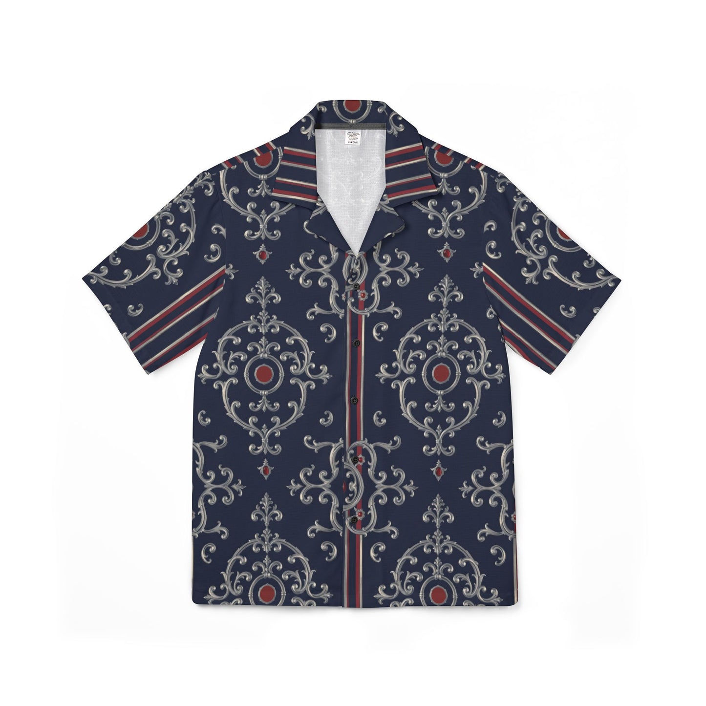 Stylish Men's Hawaiian Camp Shirt, Summer Shirt, Vacation Wear, Casual Fashion, Beach Party Attire - Blue & Red Striped Silver Baroque