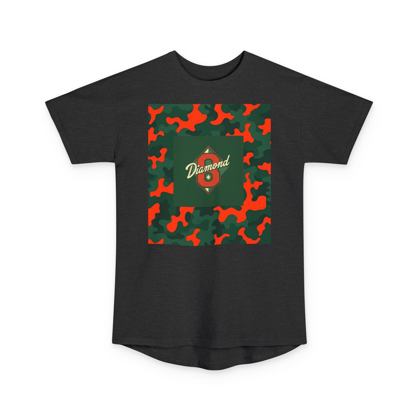 Urban Camo Long Body Tee, Trendy Streetwear, Summer Fashion Top, Unisex Casual Shirt, Gift for Him/Her - Green & Orange Camo Diamond 8