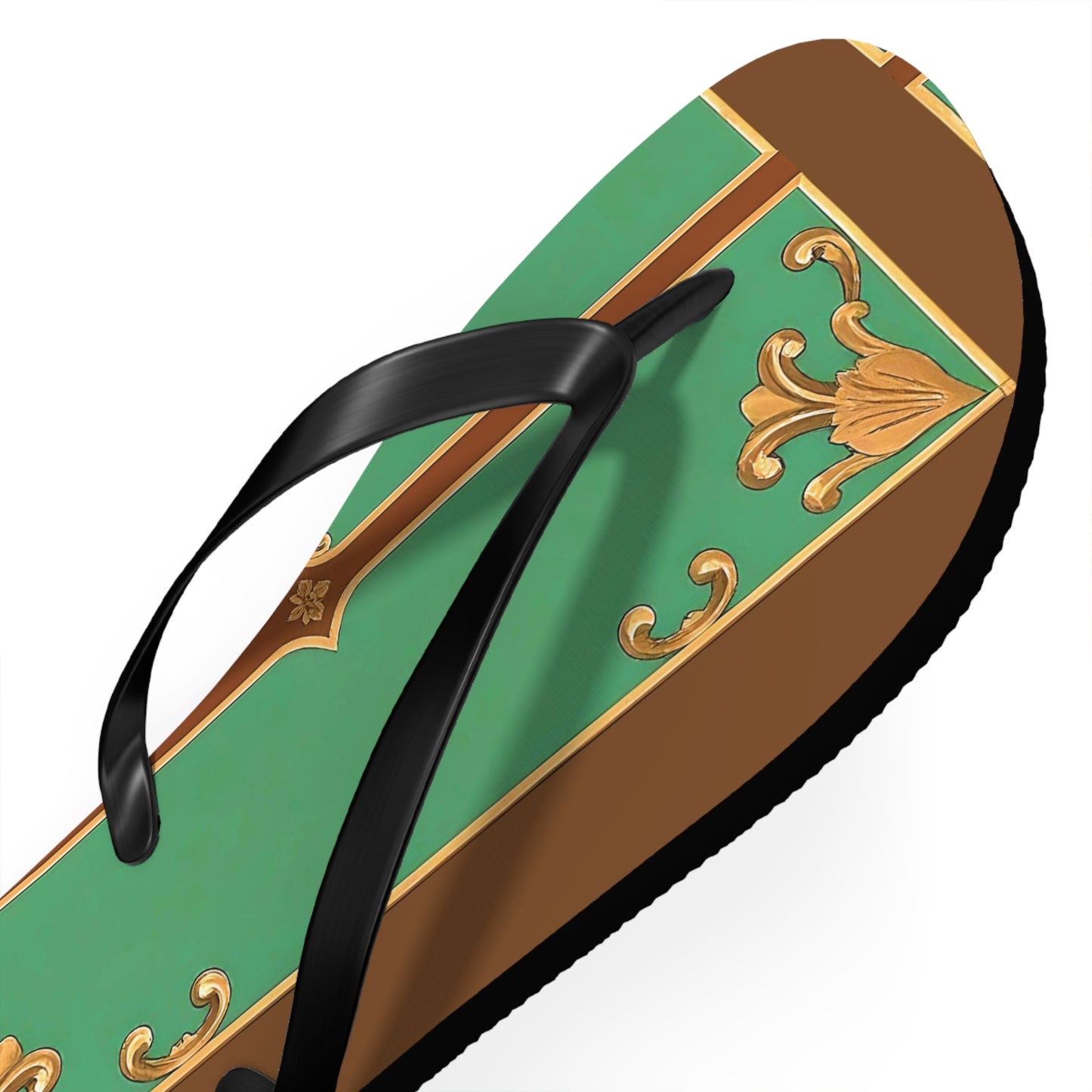 Elegant Floral Flip Flops for Summer Getaways - Rust & Green Striped Baroque