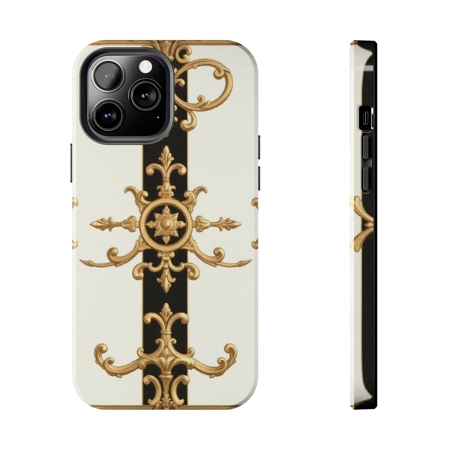 Elegant Baroque Tough Phone Case | Stylish Protection for Your Device, Gift for Her, Phone Accessories - Black & White Striped Gold Baroque
