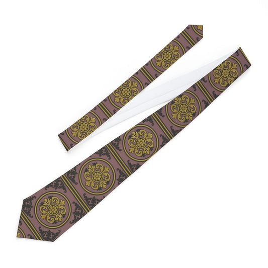 Elegant Gilded Mauve With Gold-Black Baroque Vintage Pattern Necktie for Men, Stylish Accessory for Weddings, Parties, Business Events