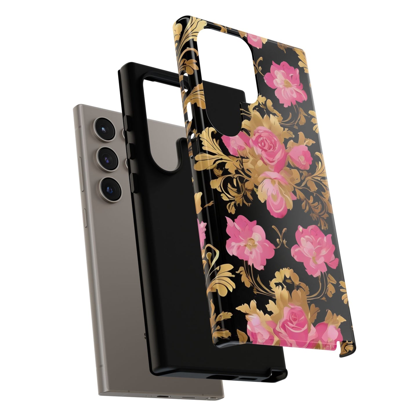 Elegant Floral Motif Phone Case - Tough Cases with Vintage Design - Pink & Gold Roses