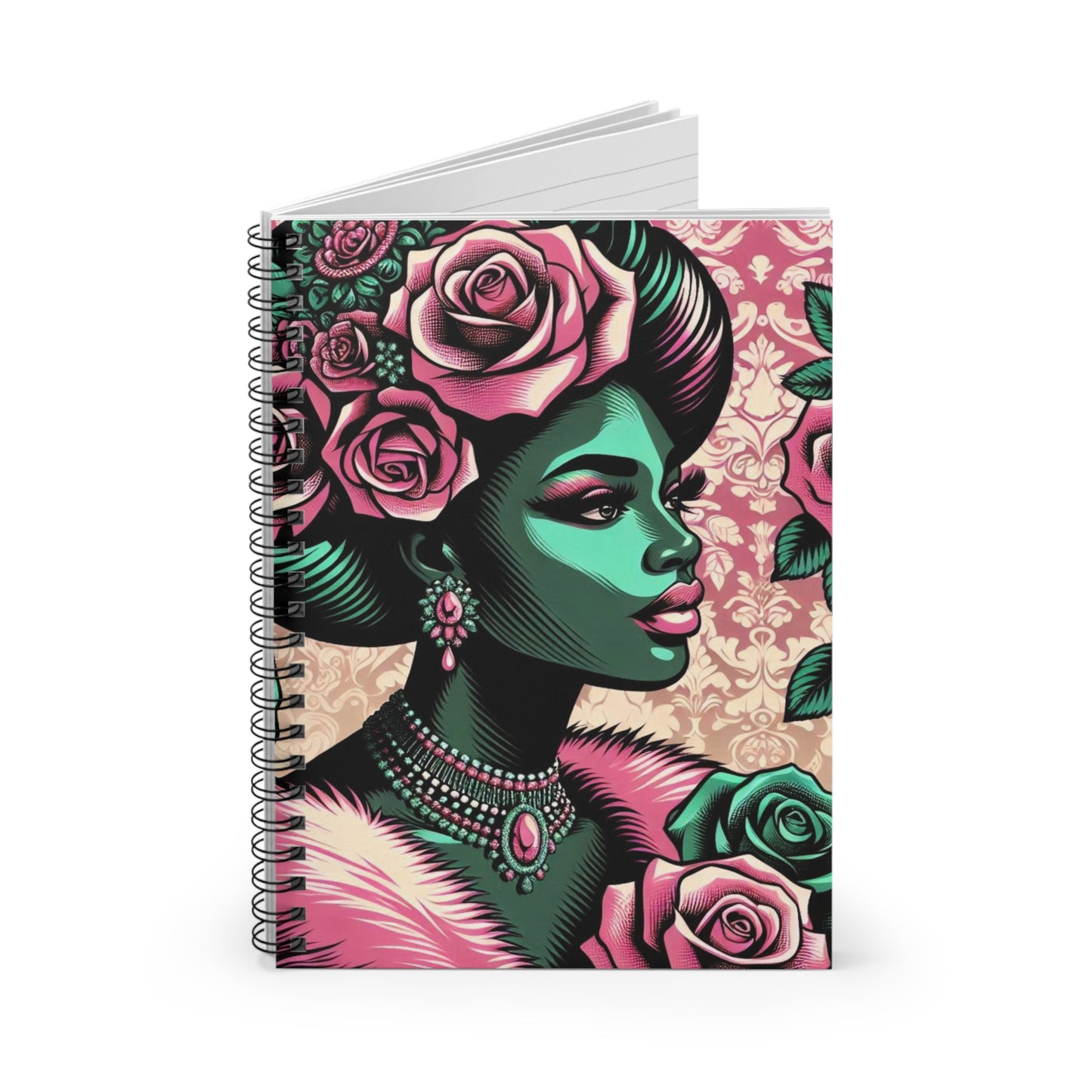 Elegant Vintage Spiral Notebook - Ruled Line with Emerald Green Lady, Roses & Damask Design