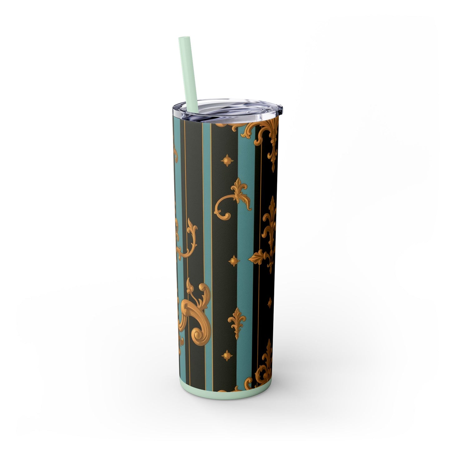 Elegant Vintage Skinny Tumbler with Straw, 20oz | Gold Floral Pattern, Reusable Drinkware, Perfect for Home - Black & Turquoise Striped Baroque