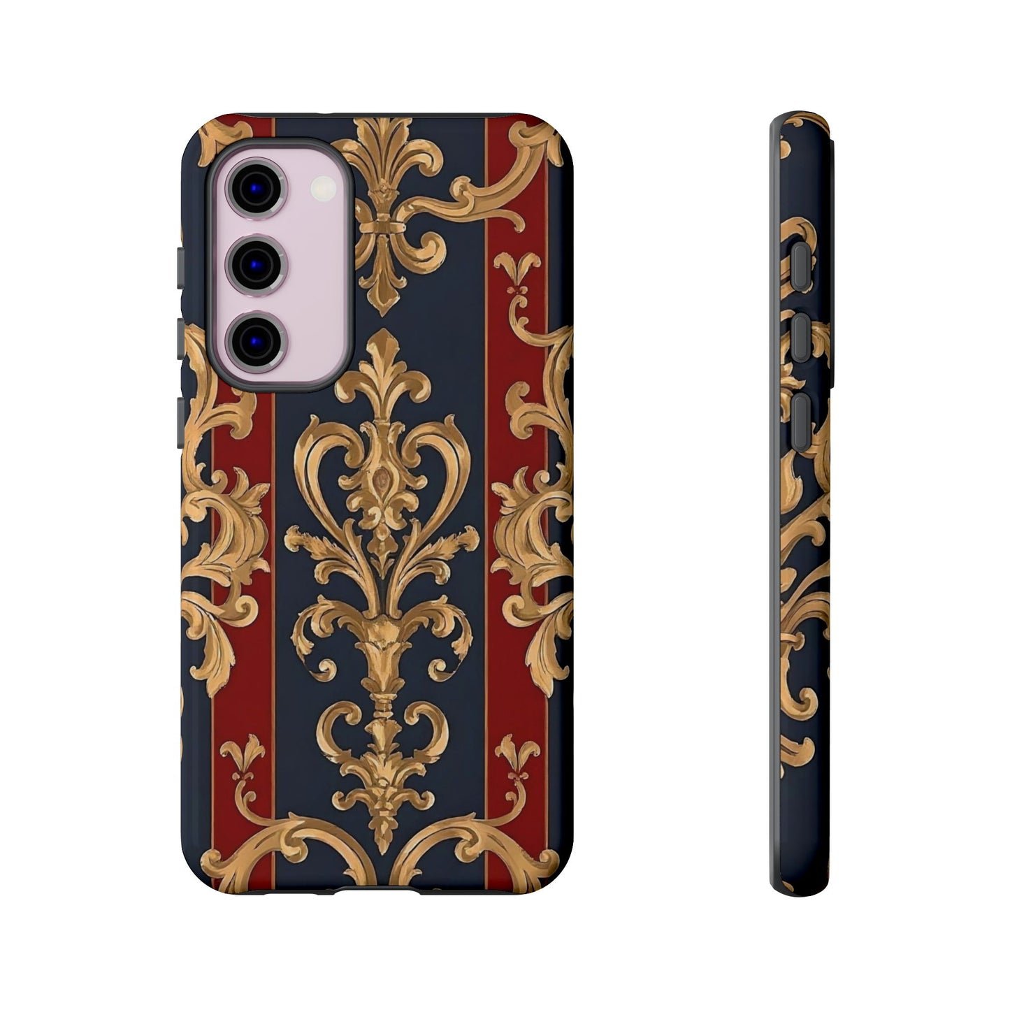 Elegant Floral Motif Phone Case - Tough Cases with Vintage Design - Midnight Blue & Dusk Red Striped Gold Damask