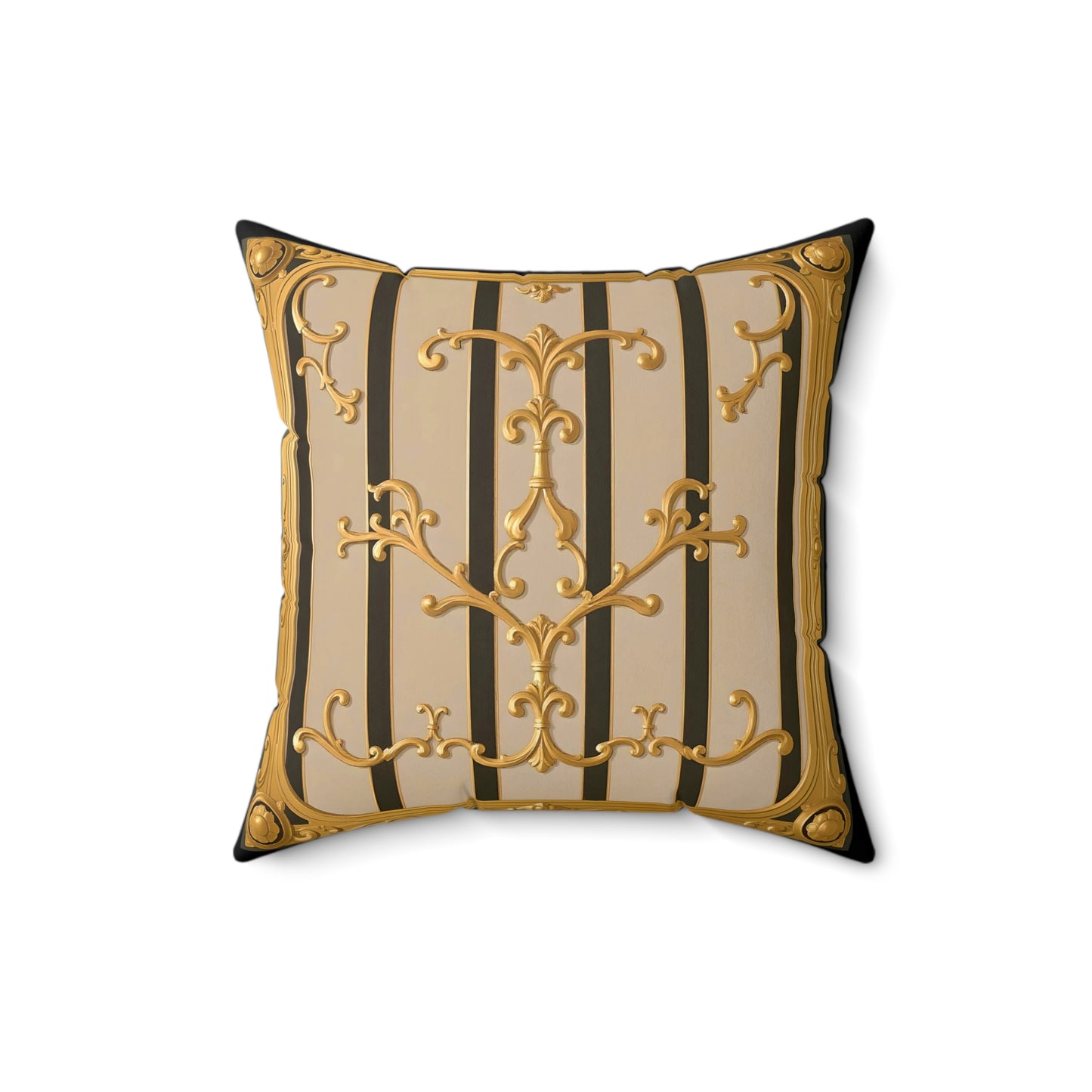 Elegant Faux Suede Square Pillow with Ornate Design, Decorative Cushion, Home Decor, Luxury Throw Pillow - Beige Striped Gold Rococo