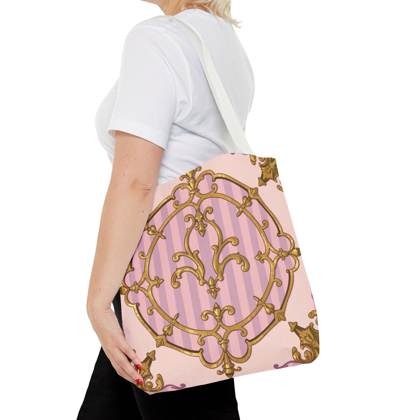Elegant Lavender & Alabaster Striped Gold Baroque Tote Bag - Stylish Fabric Shopping Bag, Chic Purse, Gift for Her, Summer Outings