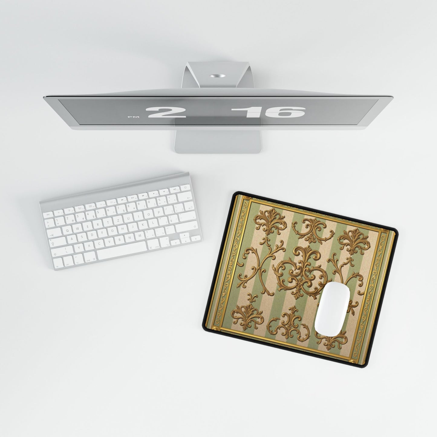 Elegant Vintage Desk Mat, Luxurious Desk Pad for Home Office, Stylish Keyboard Mat, Computer Mouse Pad - Mint Green & Beige Striped Gold Baroque