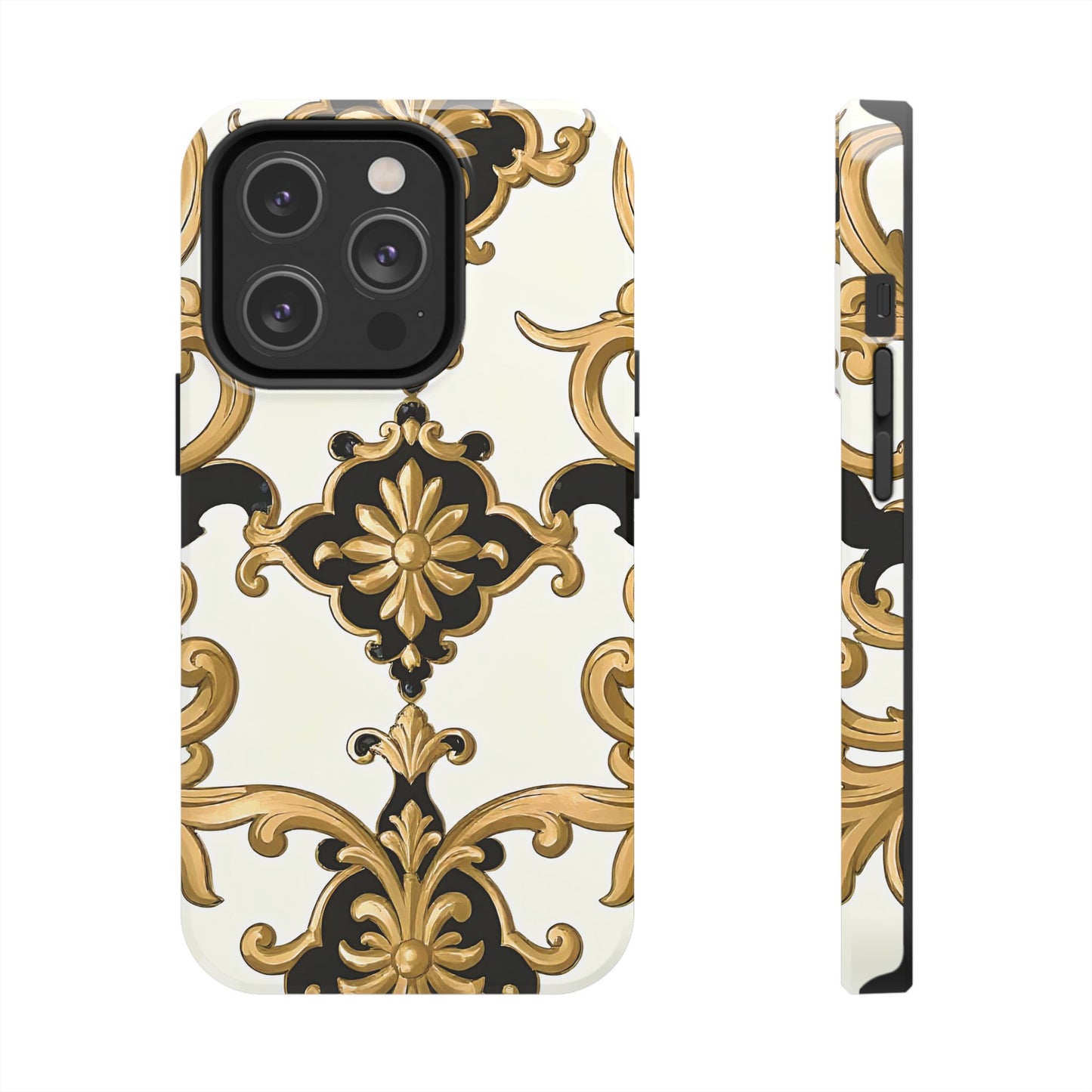 Elegant Floral Tough Phone Cases, Durable Phone Cover, Stylish Phone Accessories, Gift for Her, Chic Phone Cases - Black & Gold Rococo