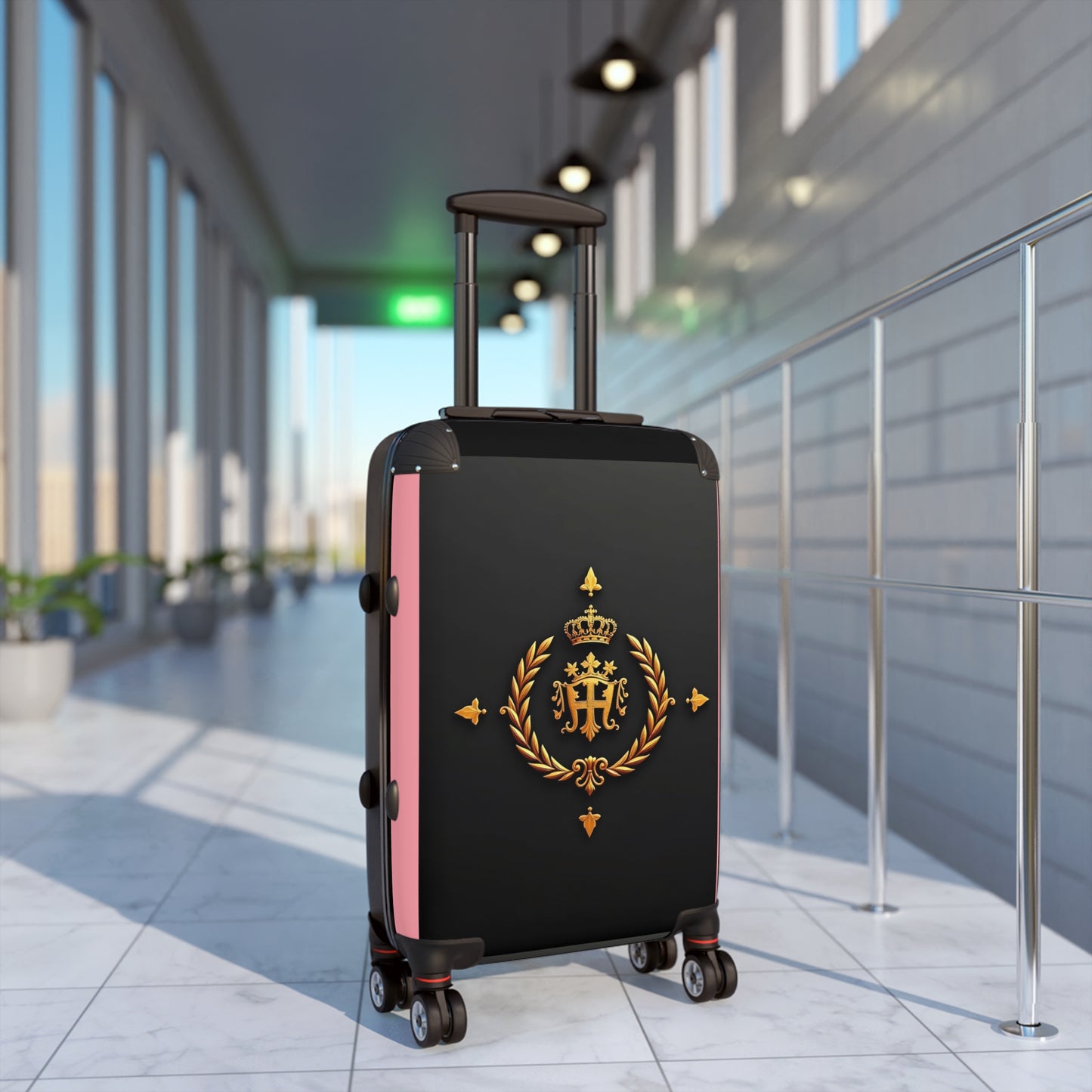 Regal Crown Suitcase, Stylish Travel Luggage, Vacation Essentials, Personalized Carry-On, Unique Gift for Travelers - Pink Striped Gold Crest