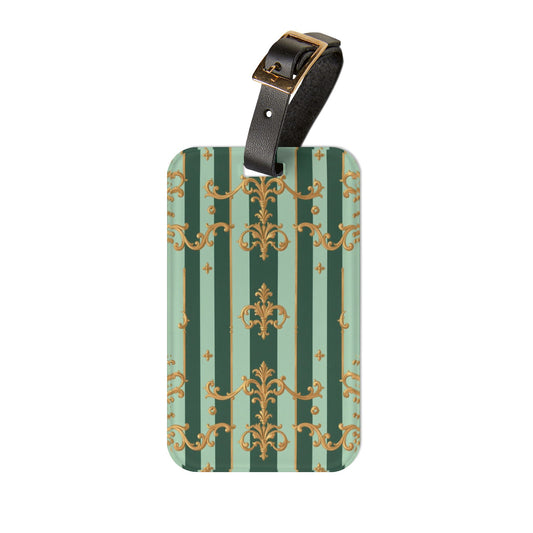 Chic Travel Luggage Tag with Elegant Stripes, Personalized Travel Accessory for Trendsetters - Mint Green & Teal Striped Gold Baroque