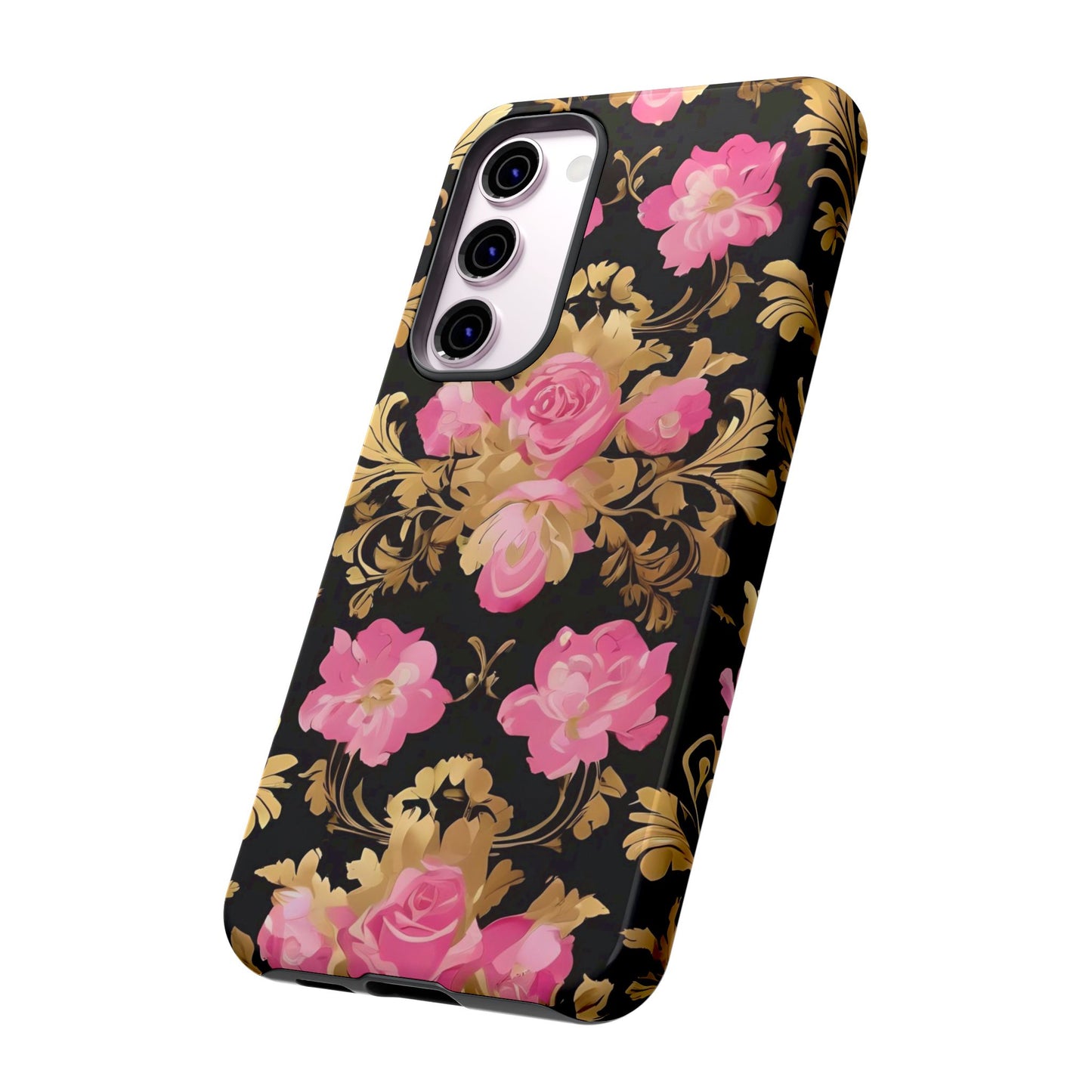 Elegant Floral Motif Phone Case - Tough Cases with Vintage Design - Pink & Gold Roses