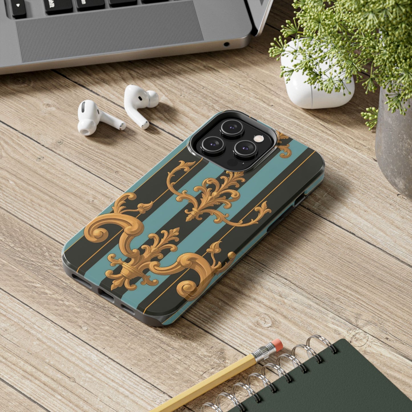 Elegant Baroque Tough Phone Case, Stylish Phone Cover, Durable iPhone Case, Unique Gift - Black & Turquoise Striped Baroque